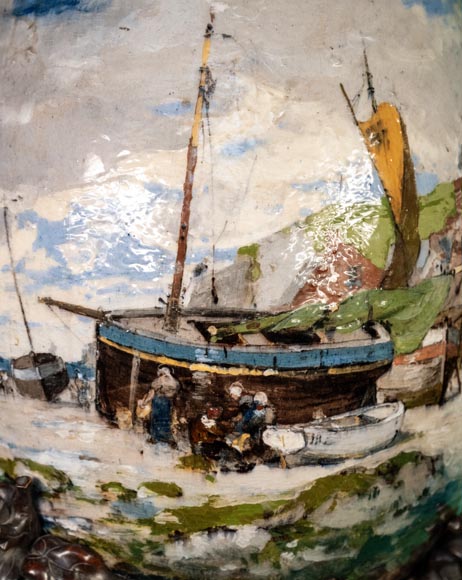 Impressionist decor, large earthenware vase by Louis Auguste LEPÈRE for Faïencerie LAURIN Impressionist decor, large earthenware vase by Louis Auguste LEPÈRE for Faïencerie LAURIN-2