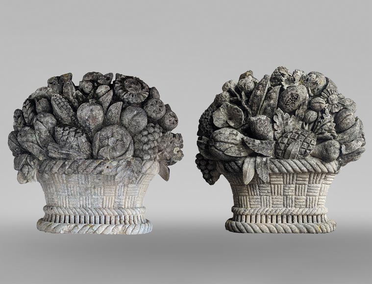 Important pair of carved stone fruit baskets Important pair of carved stone fruit baskets-0