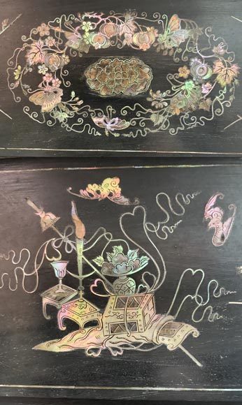 Edmond Chauffrey, Indo-Chinese cabinet with mother-of-pearl marquetry and relief enamelled stained glass-4