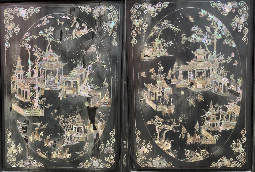 Edmond Chauffrey, Indo-Chinese cabinet with mother-of-pearl marquetry and relief enamelled stained glass-5