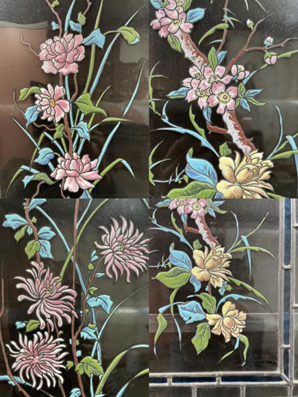 Edmond Chauffrey, Indo-Chinese cabinet with mother-of-pearl marquetry and relief enamelled stained glass-8