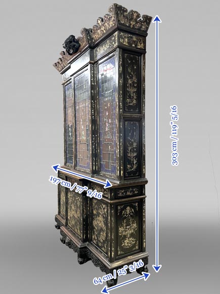 Edmond Chauffrey, Indo-Chinese cabinet with mother-of-pearl marquetry and relief enamelled stained glass-12