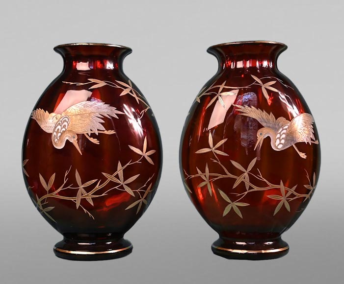 Cristallerie Saint-Louis, Pair of ruby vases with Japanese decoration, c. 1880 Cristallerie Saint-Louis, Pair of ruby vases with Japanese decoration, c. 1880-0
