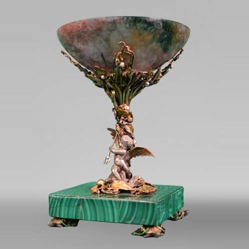 François-Désiré FROMENT-MEURICE, Silver, Agate and Malachite Tazza Decorated with a Rich Maritime Design, 1853