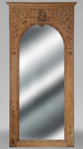 Louis XVI style trumeau in carved oak adorned with a bird's nest framed by floral decoration Louis XVI style trumeau in carved oak adorned with a bird's nest framed by floral decoration-0