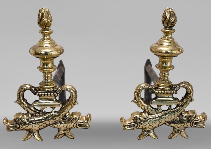 Pair of ormolu fish andirons Pair of ormolu fish andirons-0