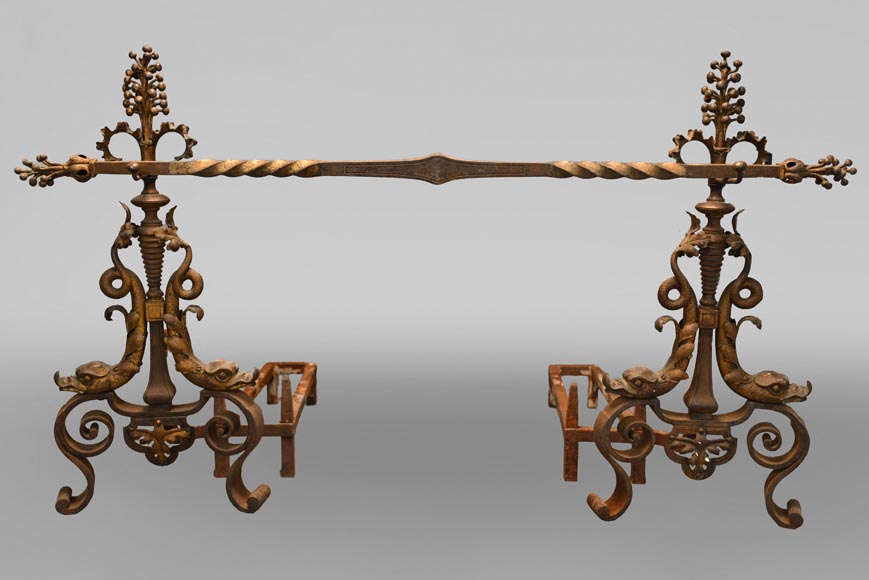 Pair of andirons with flowers and dolphins Pair of andirons with flowers and dolphins-0