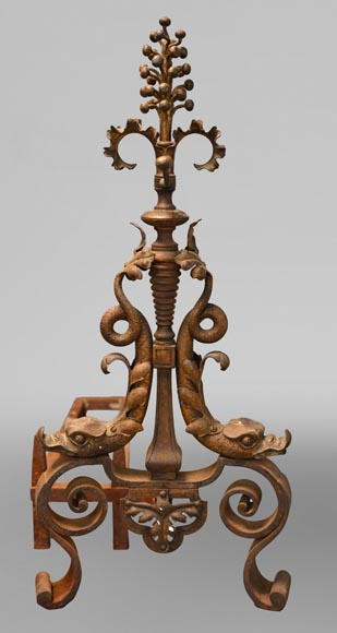 Pair of andirons with flowers and dolphins Pair of andirons with flowers and dolphins-2