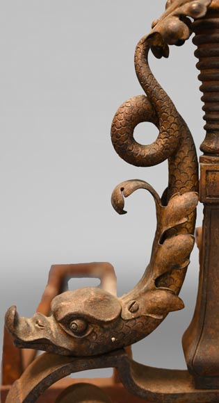 Pair of andirons with flowers and dolphins Pair of andirons with flowers and dolphins-7