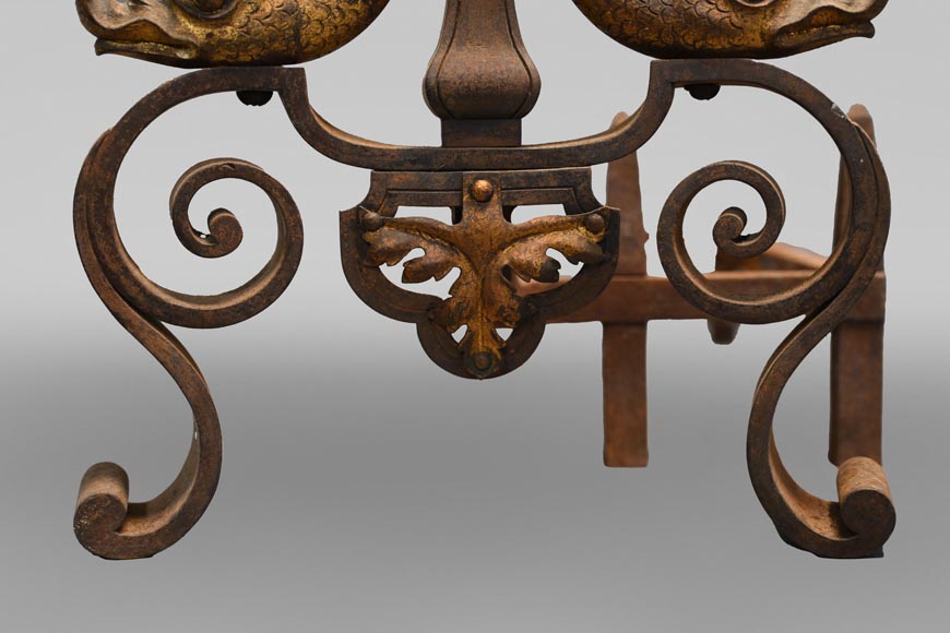 Pair of andirons with flowers and dolphins Pair of andirons with flowers and dolphins-8