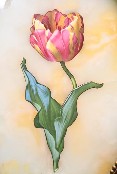 Julien Nicolas RIVART, Two Alabaster Panels Inlaid with a Tulip and an Iris in Porcelain, after 1849 Julien Nicolas RIVART, Two Alabaster Panels Inlaid with a Tulip and an Iris in Porcelain, after 1849-2