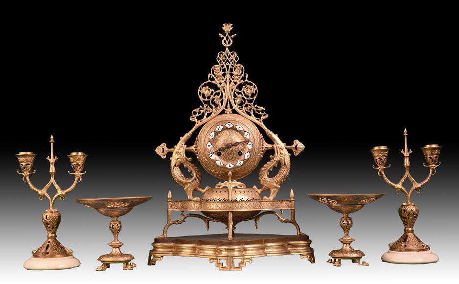 Victor GEOFFROY-DECHAUME (model), Auguste-Maximilien DELAFONTAINE (bronze caster), “Persian” Gilt Bronze Clock Set, circa 1852 Victor GEOFFROY-DECHAUME (model), Auguste-Maximilien DELAFONTAINE (bronze caster), “Persian” Gilt Bronze Clock Set, circa 1852-0