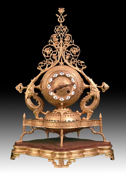 Victor GEOFFROY-DECHAUME (model), Auguste-Maximilien DELAFONTAINE (bronze caster), “Persian” Gilt Bronze Clock Set, circa 1852 Victor GEOFFROY-DECHAUME (model), Auguste-Maximilien DELAFONTAINE (bronze caster), “Persian” Gilt Bronze Clock Set, circa 1852-1