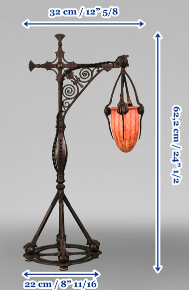 DAUM, Émile ROBERT (attributed to), Lamp in delicately openwork wrought iron and glass, circa 1900 DAUM, Émile ROBERT (attributed to), Lamp in delicately openwork wrought iron and glass, circa 1900-10