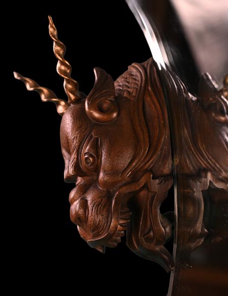 MARNYHAC House (attributed), Japanese-style crescent moon mirror decorated with a bronze dragon with a brown patina MARNYHAC House (attributed), Japanese-style crescent moon mirror decorated with a bronze dragon with a brown patina-3