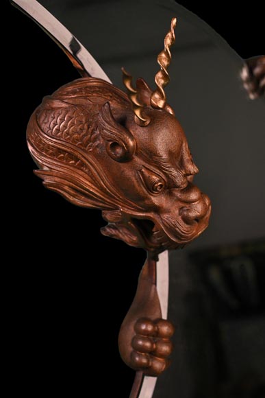 MARNYHAC House (attributed), Japanese-style crescent moon mirror decorated with a bronze dragon with a brown patina MARNYHAC House (attributed), Japanese-style crescent moon mirror decorated with a bronze dragon with a brown patina-4
