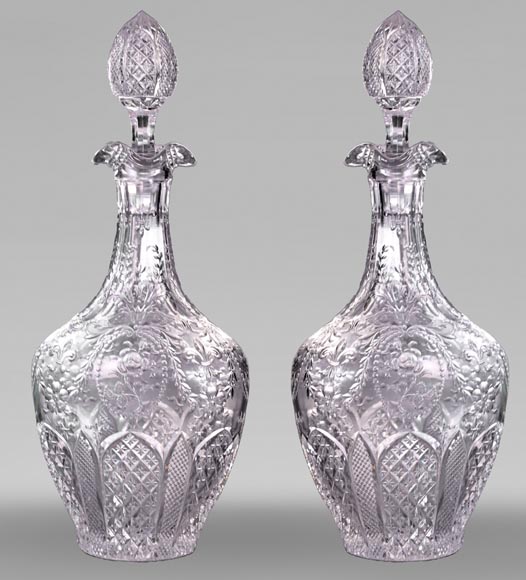 Pair of Engraved Crystal Wine Decanters, Cristallerie de Saint-Louis-0