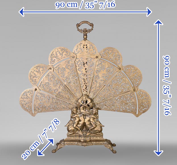 Large Napoleon III style fan-shaped fire screen with dolphin and putti decoration Large Napoleon III style fan-shaped fire screen with dolphin and putti decoration-6
