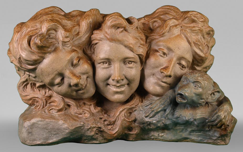 Georges ENGRAND and Émile MULLER, Planter with Three Faces of a Young Women and a Monkey, circa 1896 Georges ENGRAND and Émile MULLER, Planter with Three Faces of a Young Women and a Monkey, circa 1896-0
