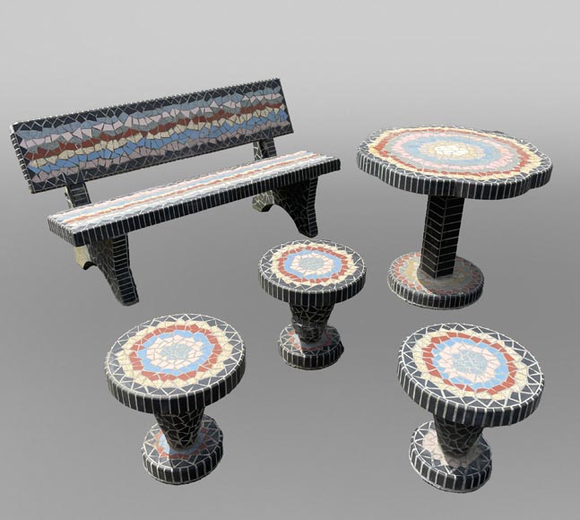 Garden furniture set with a table, three stools and a bench decorated with polychrome ceramic tiles, 1980s Garden furniture set with a table, three stools and a bench decorated with polychrome ceramic tiles, 1980s-0