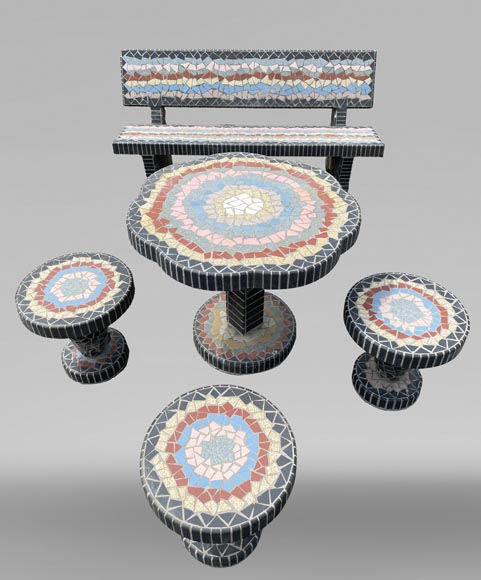 Garden furniture set with a table, three stools and a bench decorated with polychrome ceramic tiles, 1980s Garden furniture set with a table, three stools and a bench decorated with polychrome ceramic tiles, 1980s-1