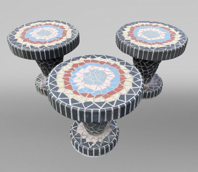 Garden furniture set with a table, three stools and a bench decorated with polychrome ceramic tiles, 1980s Garden furniture set with a table, three stools and a bench decorated with polychrome ceramic tiles, 1980s-2
