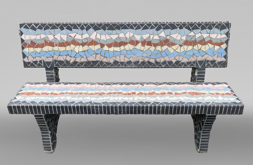 Garden furniture set with a table, three stools and a bench decorated with polychrome ceramic tiles, 1980s Garden furniture set with a table, three stools and a bench decorated with polychrome ceramic tiles, 1980s-4