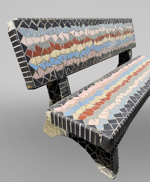 Garden furniture set with a table, three stools and a bench decorated with polychrome ceramic tiles, 1980s Garden furniture set with a table, three stools and a bench decorated with polychrome ceramic tiles, 1980s-5