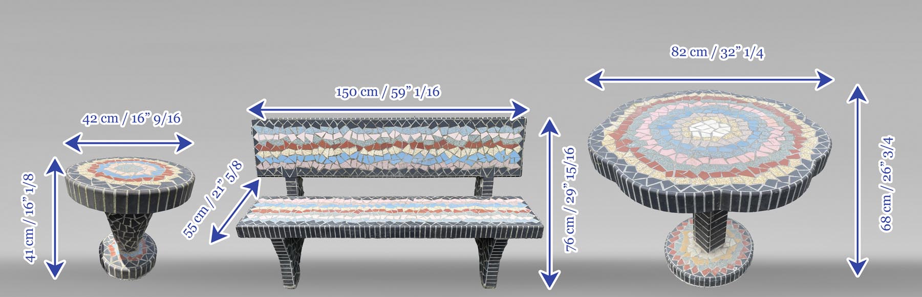Garden furniture set with a table, three stools and a bench decorated with polychrome ceramic tiles, 1980s Garden furniture set with a table, three stools and a bench decorated with polychrome ceramic tiles, 1980s-8
