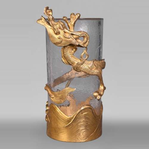 L’Escalier de Cristal (attributed to), a cylindrical Japanese-style vase decorated with a dragon, crystal and gilt bronze