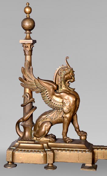 Pair of Egyptian-style gilt-bronze firedogs with confronting griffins-3
