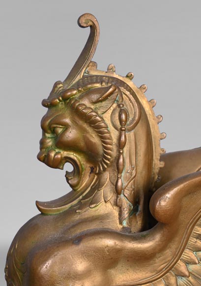 Pair of Egyptian-style gilt-bronze firedogs with confronting griffins-7