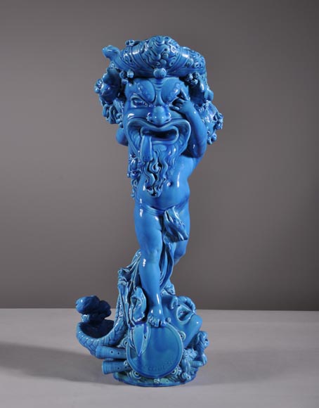 Joseph Chéret (1838 - 1894) for the Manufactory of Sèvres "Putto with greek masks" Coin tray made in faience with a blue glaze Joseph Chéret (1838 - 1894) for the Manufactory of Sèvres "Putto with greek masks" Coin tray made in faience with a blue glaze-1