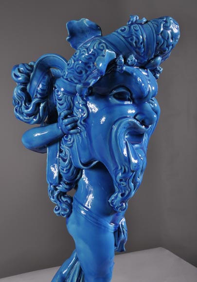 Joseph Chéret (1838 - 1894) for the Manufactory of Sèvres "Putto with greek masks" Coin tray made in faience with a blue glaze Joseph Chéret (1838 - 1894) for the Manufactory of Sèvres "Putto with greek masks" Coin tray made in faience with a blue glaze-5