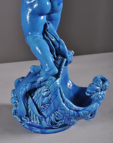 Joseph Chéret (1838 - 1894) for the Manufactory of Sèvres "Putto with greek masks" Coin tray made in faience with a blue glaze Joseph Chéret (1838 - 1894) for the Manufactory of Sèvres "Putto with greek masks" Coin tray made in faience with a blue glaze-7