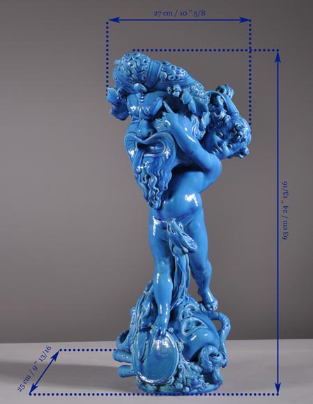 Joseph Chéret (1838 - 1894) for the Manufactory of Sèvres "Putto with greek masks" Coin tray made in faience with a blue glaze Joseph Chéret (1838 - 1894) for the Manufactory of Sèvres "Putto with greek masks" Coin tray made in faience with a blue glaze-12