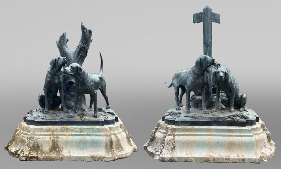 Auguste-Nicolas CAÏN, two monumental bronze groups, original stone bases, 1893 Auguste-Nicolas CAÏN, two monumental bronze groups, original stone bases, 1893-1