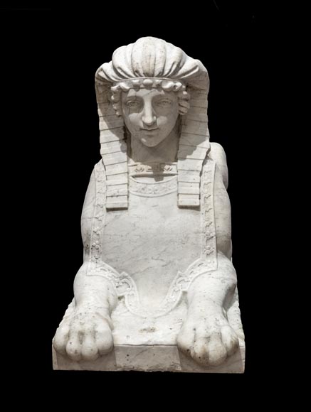 Pair of Sculpted Carrara Marble Sphinxes, 19th Century-1