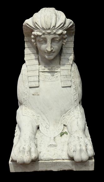 Pair of Sculpted Carrara Marble Sphinxes, 19th Century-2