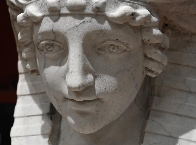 Pair of Sculpted Carrara Marble Sphinxes, 19th Century-6