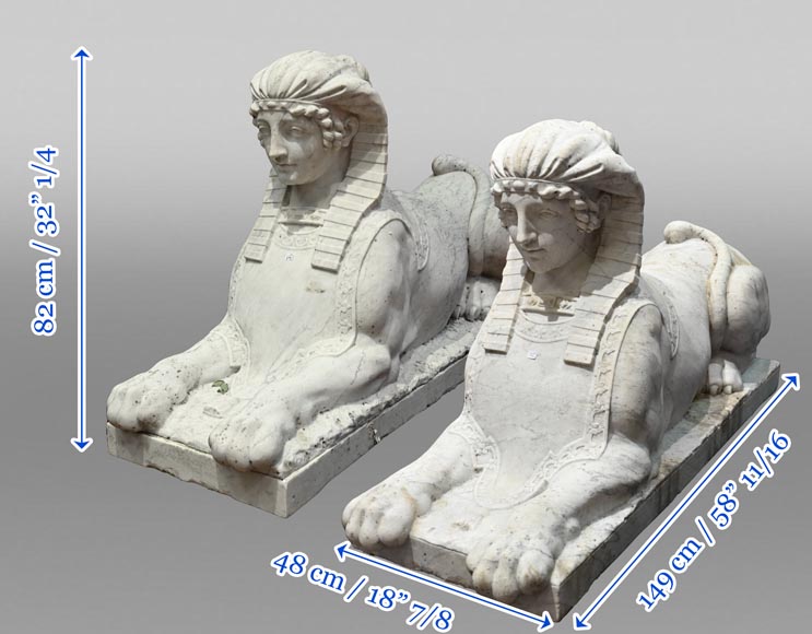 Pair of Sculpted Carrara Marble Sphinxes, 19th Century-15