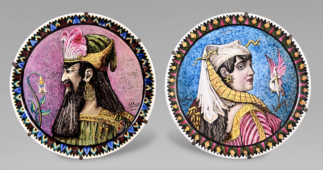 BALLEROY & Co. (porcelain), Joseph Albert PONSIN (painter), Pair of Decorative Plates Adorned with Portraits of an Assyrian Man and Woman, 1876? BALLEROY & Co. (porcelain), Joseph Albert PONSIN (painter), Pair of Decorative Plates Adorned with Portraits of an Assyrian Man and Woman, 1876?-0