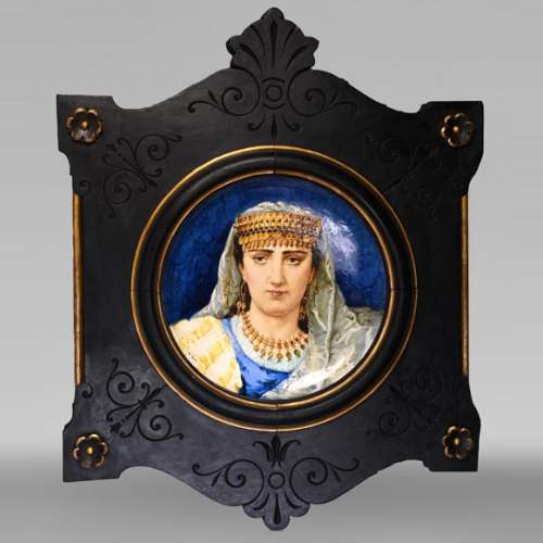 B&Cie (porcelain), Charles POYARD (stamper), Félix FLICK (painter), Ornamental Dish With Portrait of a Berber Woman in its Wooden Frame, 1878