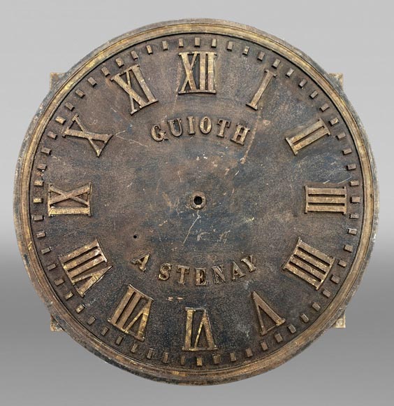 Large cast iron public clock face, with raised Roman numerals, signed Large cast iron public clock face, with raised Roman numerals, signed