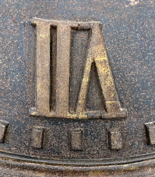 Large cast iron public clock face, with raised Roman numerals, signed Large cast iron public clock face, with raised Roman numerals, signed