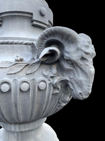 Large carved stone vase, Louis XVI style, adorned with ram heads Large carved stone vase, Louis XVI style, adorned with ram heads-4