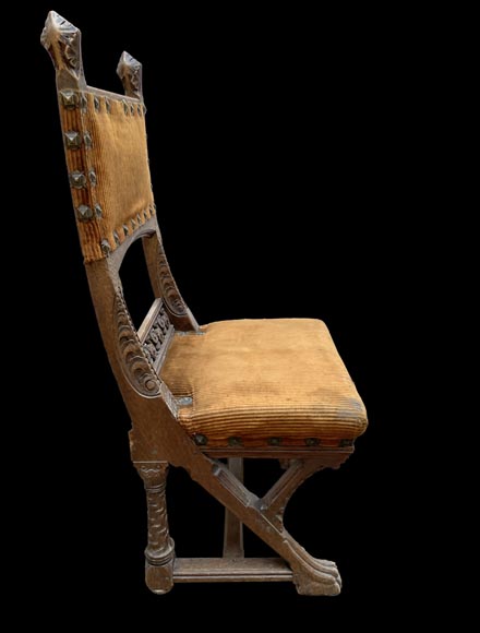 Eugène GRASSET (designer) and FULGRAFF (cabinetmaker), set of 6 carved oak chairs, Paris, 1880–1885-1