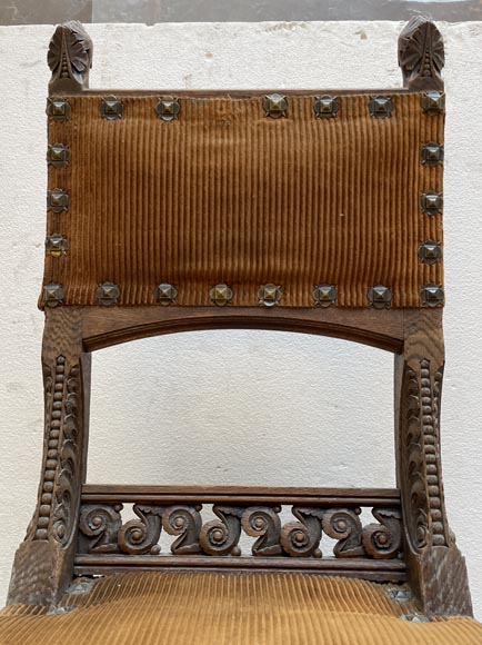 Eugène GRASSET (designer) and FULGRAFF (cabinetmaker), set of 6 carved oak chairs, Paris, 1880–1885-6