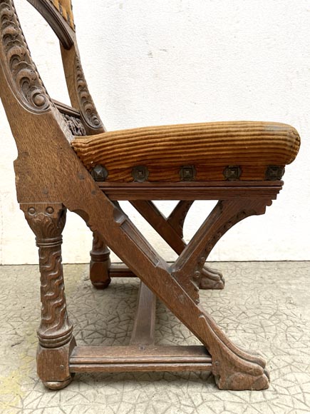 Eugène GRASSET (designer) and FULGRAFF (cabinetmaker), set of 6 carved oak chairs, Paris, 1880–1885-9