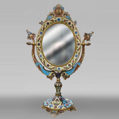 Gilt Bronze and Champlevé Enamel Table Mirror, Signed 